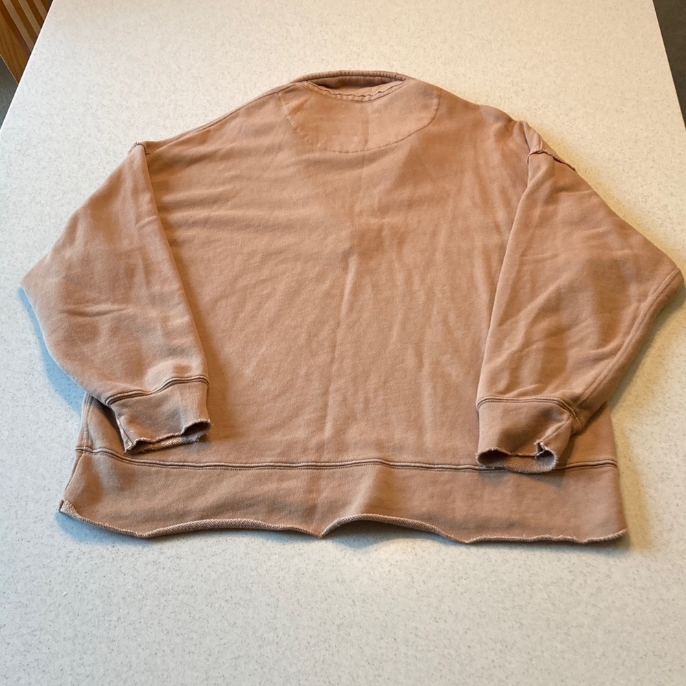 Aerie Distressed Oversized Popover Collared V-neck Tan Sweatshirt Women Size S - Picture 10 of 11